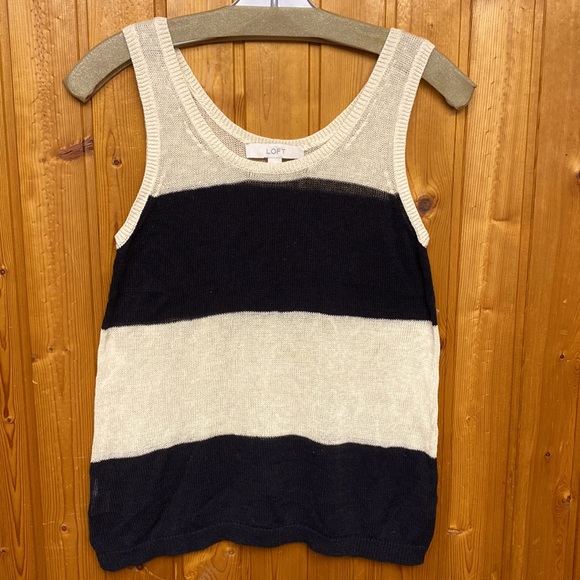 Ann Taylor Loft Linen Cotton Cute Ivory Black Lightweight Top Tee Summer Style - Picture 3 of 8